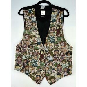Vintage Children of the World Print Brocade Open Front Vest Teacher Kidcore